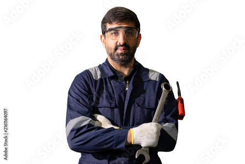 Cuadro en lienzo Male Engineer Mechanic Worker Holding Wrench Safety Glasses Jumpsuit Isolated Wh