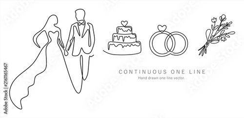 Single continuous line art of bride and groom with wedding cake, rings and bouquet, festive marriage celebration, minimalist vector