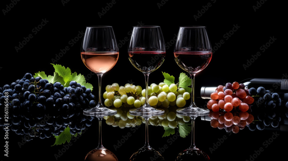 Naklejka premium Three glasses of wine with grapes on rustic background