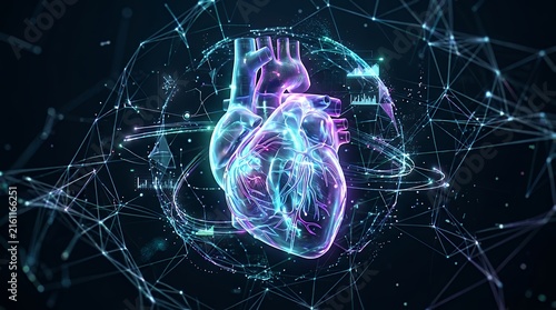 Futuristic glowing three dimensional anatomical heart model surrounded by an intricate digital data network over a dark background heart model virtual digital network dark background 3d light point