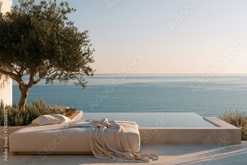 luxury mediterranean seaside terrace with infinity pool, outdoor daybed and olive tree overlooking a tranquil ocean in warm golden hour light
