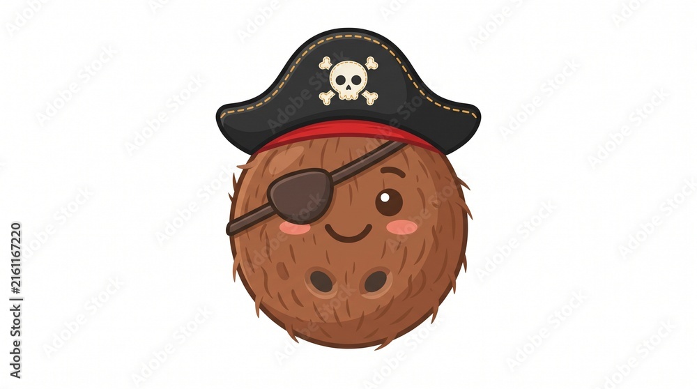 Naklejka premium Cute pirate coconut cartoon mascot wearing captain hat and eye patch isolated on white background