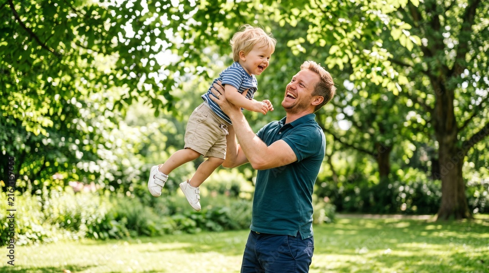 Fototapeta premium joyful father playing with toddler son in green park on sunny day, concept of family bonding