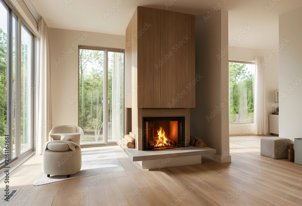 Naklejka premium Modern living room interior design with fireplace natural light and forest view luxury home architecture and comfortable