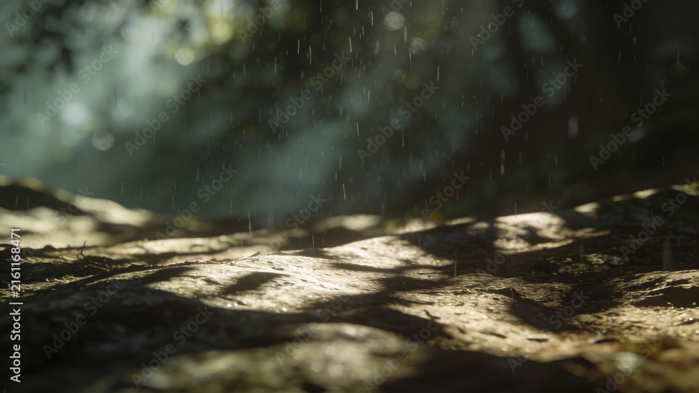 Fototapeta premium Sunlight filtering through trees during a gentle rain in a serene forest