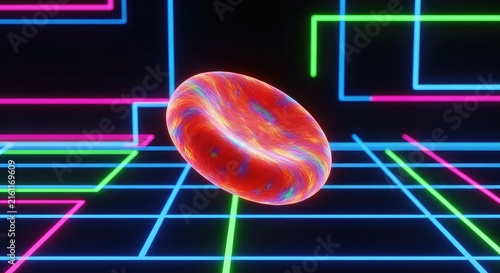 Shimmering holographic red blood cells glide through a vibrant neon data grid, fusing medical science with sleek futuristic digital art style, biology, graphics, virtual reality