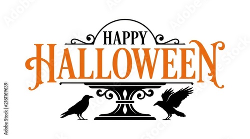 Vintage halloween greeting with ornate lettering and silhouettes of crows on a white background
