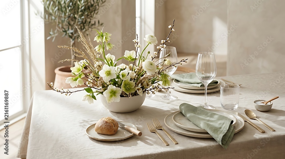 Fototapeta premium Elegant spring dining table setting with floral centerpiece and linen tablecloth