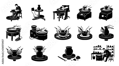 Pottery Wheel Ceramic Craft Studio Black Vector Icon Set 12