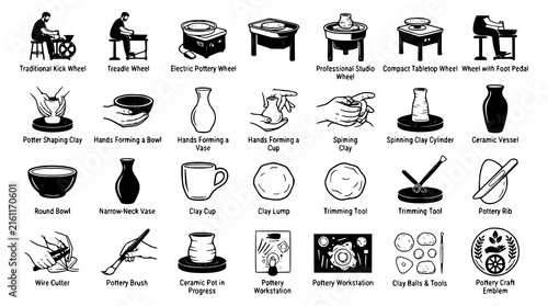 Pottery Wheel Ceramic Craft Studio Tools Black Vector Icon Set 24