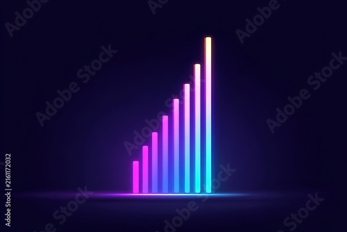 Abstract neon bar chart showing growth with pink and blue glowing light lines on dark background