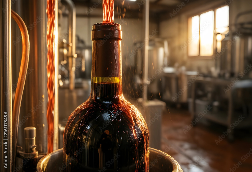 Naklejka premium Wine production and bottling process, red wine pouring into a bottle in a modern winery with industrial equipment