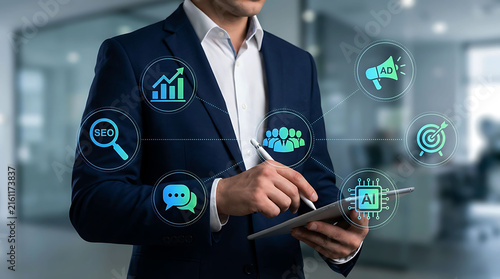 Businessman planning digital marketing strategy and AI SEO campaign on tablet screen
