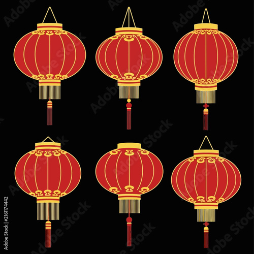 Traditional red Chinese lanterns with gold patterns on black.