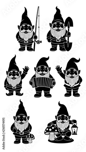 Whimsical garden gnome character silhouettes in various active poses.