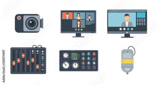Video conferencing and digital media production equipment icons.