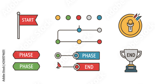 Colorful infographic roadmap and game progress UI elements.