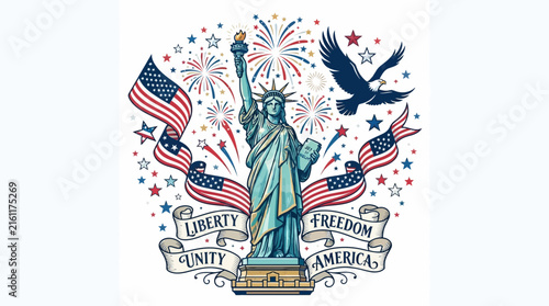 Statue of Liberty illustration with American flags eagle and fireworks for Independence Day celebration.