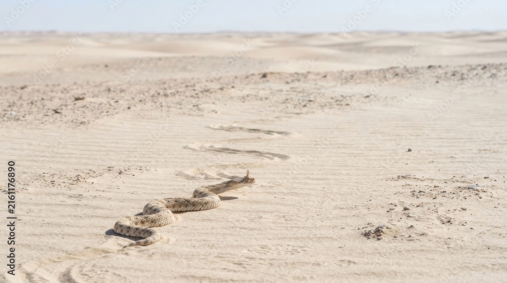 Fototapeta premium Desert horned viper slithers across sandy dunes leaving a winding trail