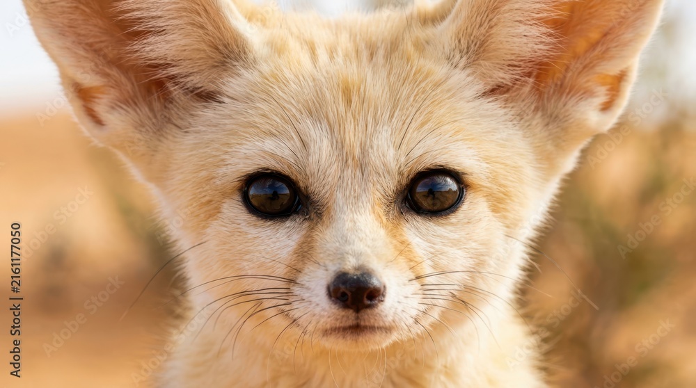 Naklejka premium Close-up portrait of a fennec fox with large ears and dark eyes in the desert