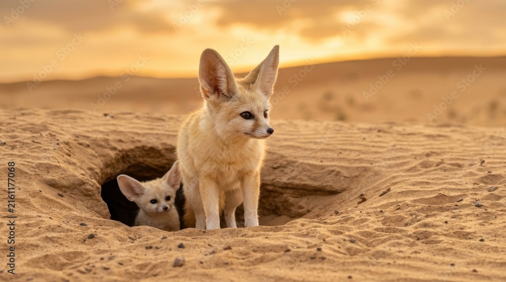 Naklejka premium Two adorable fennec foxes emerge from their desert burrow at sunset