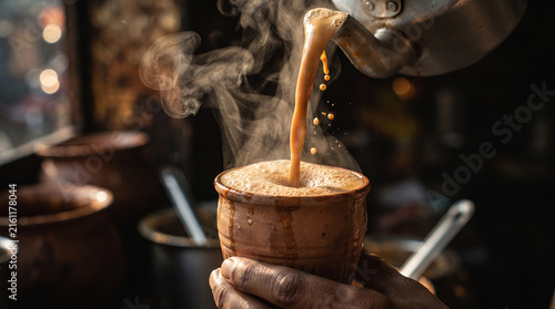 Pouring Hot Steaming Masala Chai from Traditional Kettle into Clay Kulhad Cup with Splash and Froth in Authentic Street Dhaba
