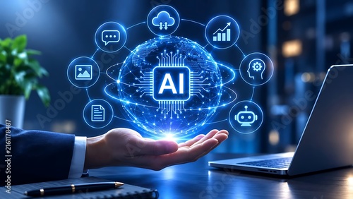 Hand holding holographic artificial intelligence globe with floating icons representing machine learning capabilities and automated business solutions
