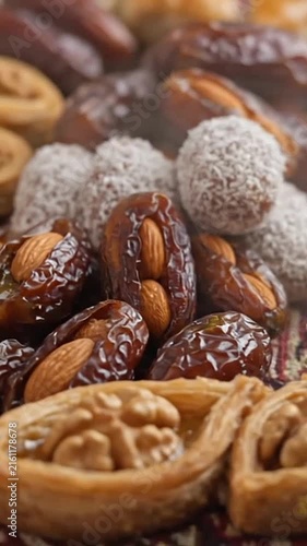Fresh sweet pastries and stuffed dates arranged nicely on a decorative traditional mat