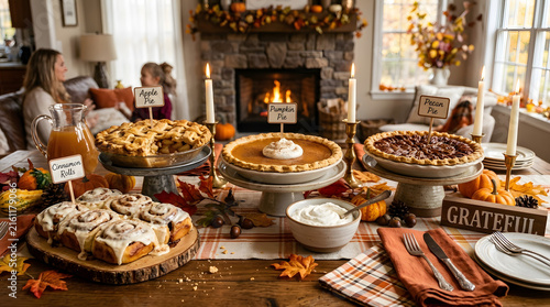 Warm and inviting Thanksgiving table laden with delicious pies and desserts, with a family enjoying the holiday in the cozy background.
