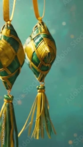 Two traditional woven diamond-shaped ornaments hanging against a turquoise background