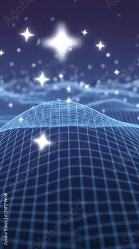Abstract digital wireframe landscape with glowing stars