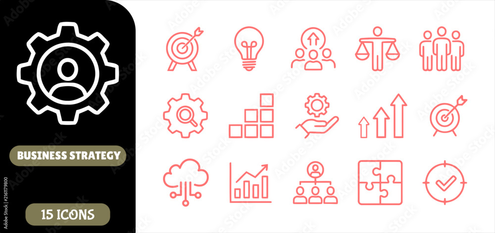 Fototapeta premium Business strategy icon set, 15 red line icons for corporate management, professional marketing and growth symbols vector