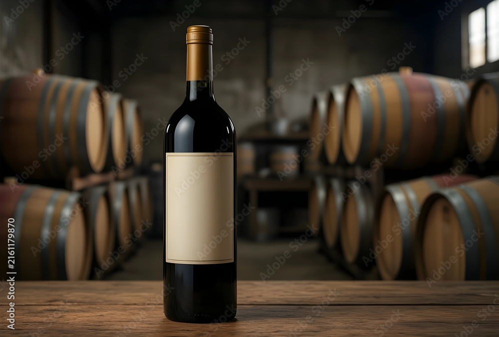 Naklejka premium Wine production and aging process, red wine bottle with blank label on wooden table in a traditional cellar with barrels