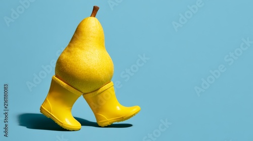 Pear character walking in yellow boots