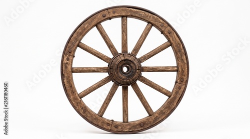 фотографія An antique wooden wagon wheel isolated on a white background