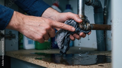 Man stopping water leak from under-sink pipe with a rag