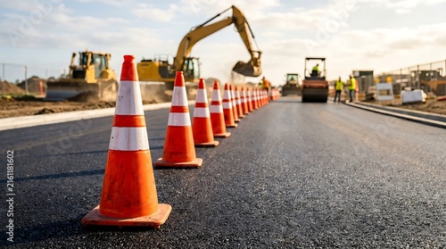 Orange traffic cones form a line on new asphalt road construction site with excavators and workers in background under blue sky.