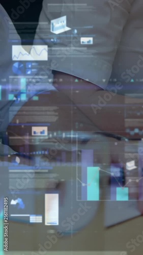 Animation of financial data processing over business people in meeting
