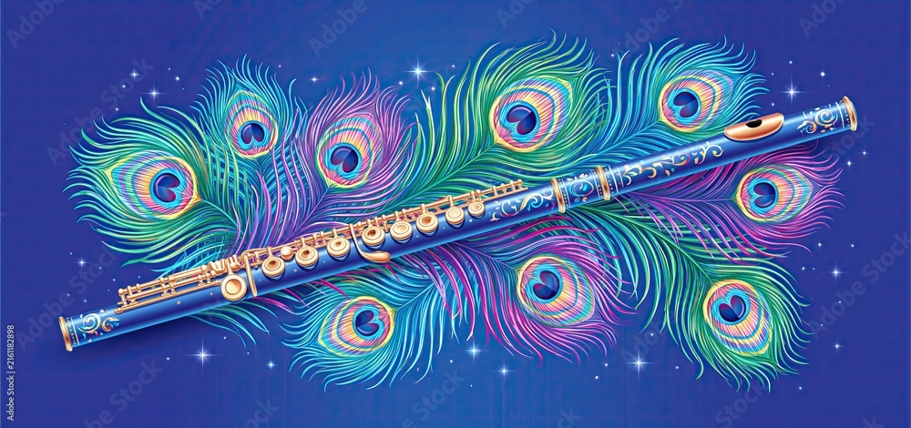 Naklejka premium Flute decorated with colorful peacock feathers on a deep blue background for spiritual celebration.