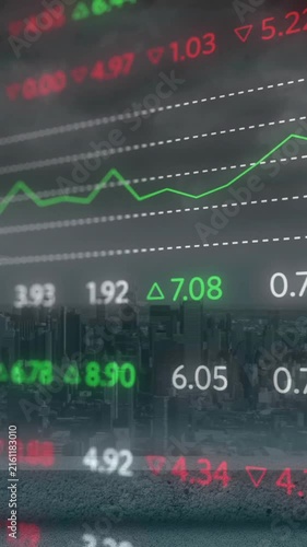 Animation of stock market and diagrams over cityscape