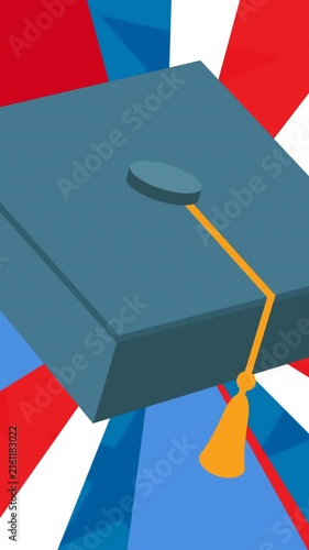 Animation of mortarboard over rotating radiating red, white and blue lines