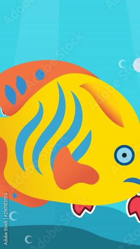 Animation of yellow fish over crabs falling on blue water and seabed background