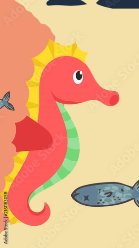 Animation of seahorse and fish swimming on orange and yellow background