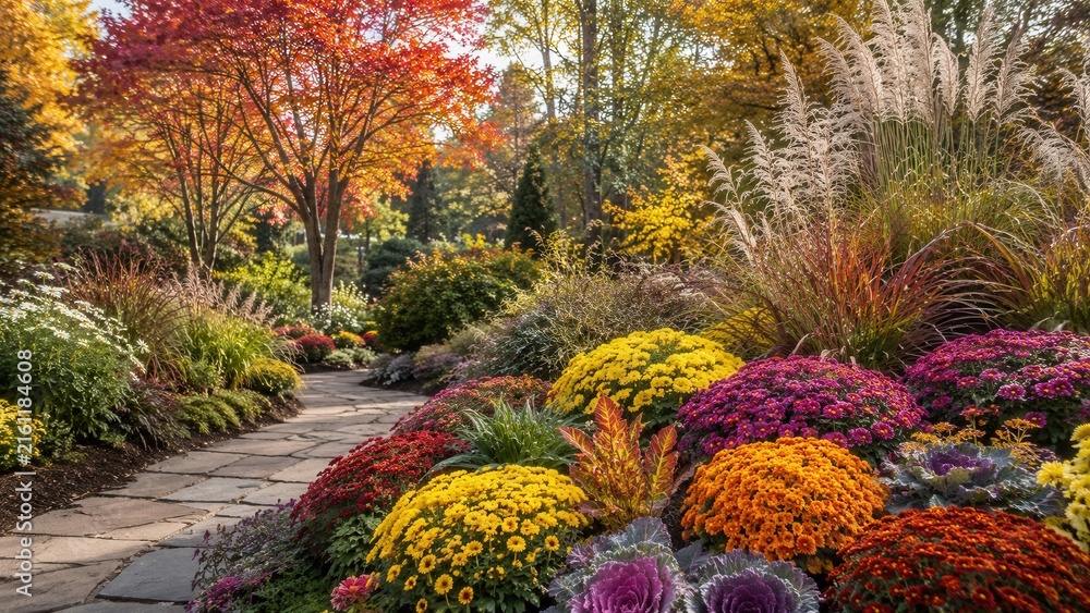 Fototapeta premium Vibrant autumn garden with colorful chrysanthemums ornamental grasses and winding stone pathway in sunlight