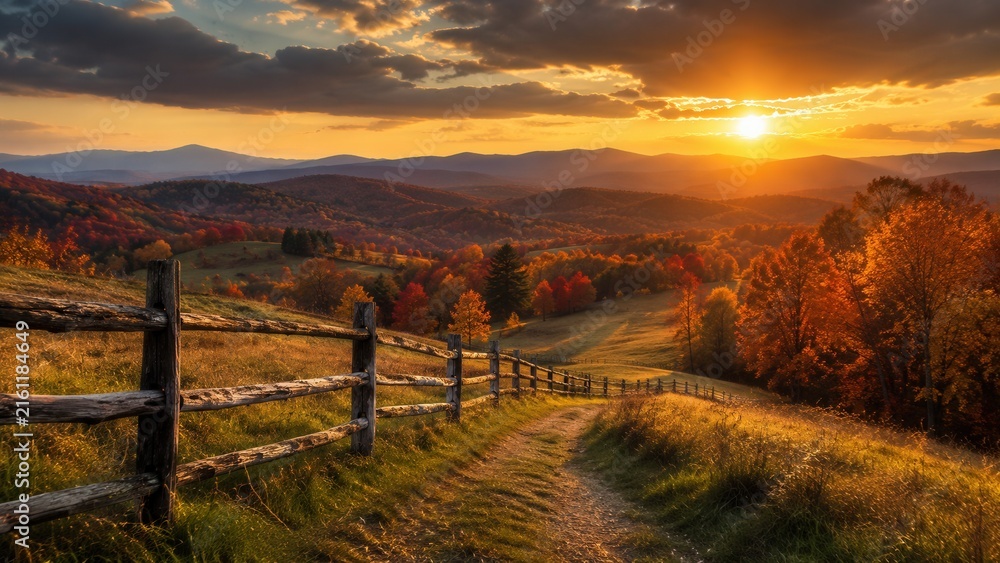 Fototapeta premium Scenic autumn mountain landscape with rustic wooden fence winding path and colorful forest at golden sunset
