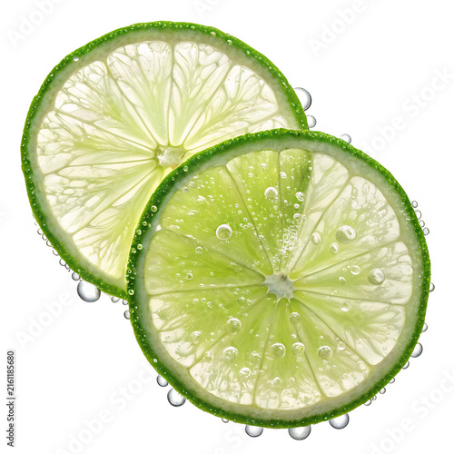 Two refreshing juicy green lime slices covered in sparkling water bubbles isolated on pure white background