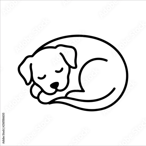 Minimalist black‑and‑white line art of a sleeping dog curled up peacefully, symbolizing calm, comfort, and rest in a stylized design