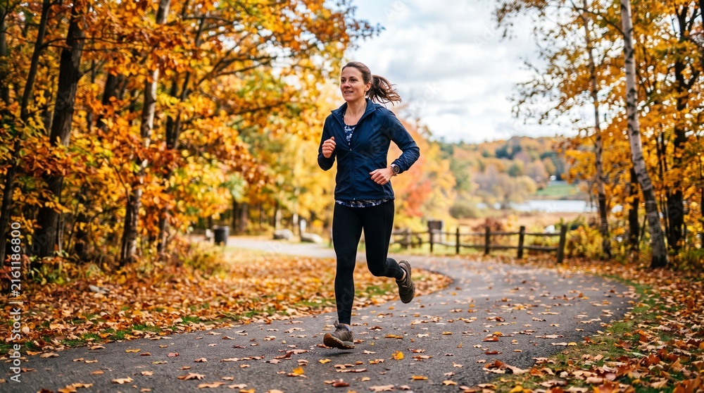 Obraz premium Autumn Trail Run: A woman enjoys a refreshing run on a scenic trail surrounded by vibrant fall foliage, with golden leaves creating a picturesque backdrop.