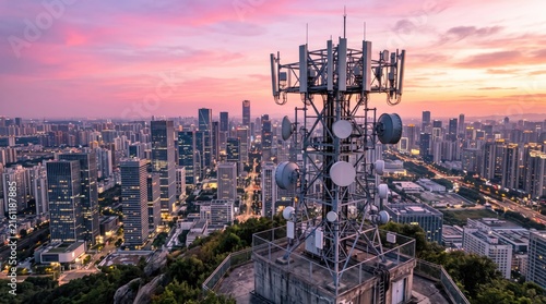 A stunning view of a city skyline at sunset, highlighted by a telecommunications tower and vibrant clouds.