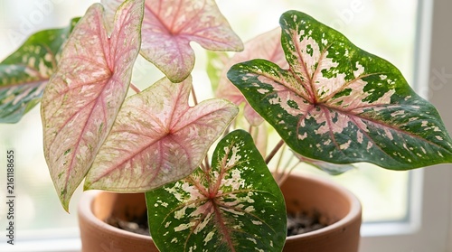 Close up shot of beautiful variegated foliage showing striking bicolor patterns of pink white and deep green on the leaves of a healthy ornamental indoor potted plant rubber plant ficus elastica leaf
